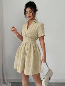 Rafferiza Váy sơ mi sọc hồng tay raglan cổ chữ V thắt eo thanh lịch dành cho nữ, mùa hè - Màu Khaki - Xem 5