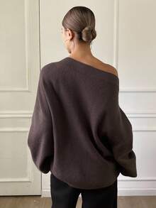 女士宽松商务休闲斜领棕色套头针织毛衣，适合秋冬季 - 棕色 - 查看 6