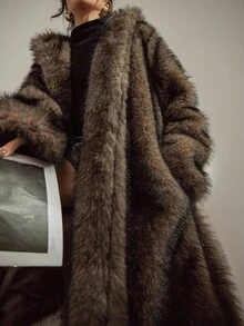 DAZY Women's Hooded Long Faux Fur Coat, Autumn/Winter - Brown - View 1