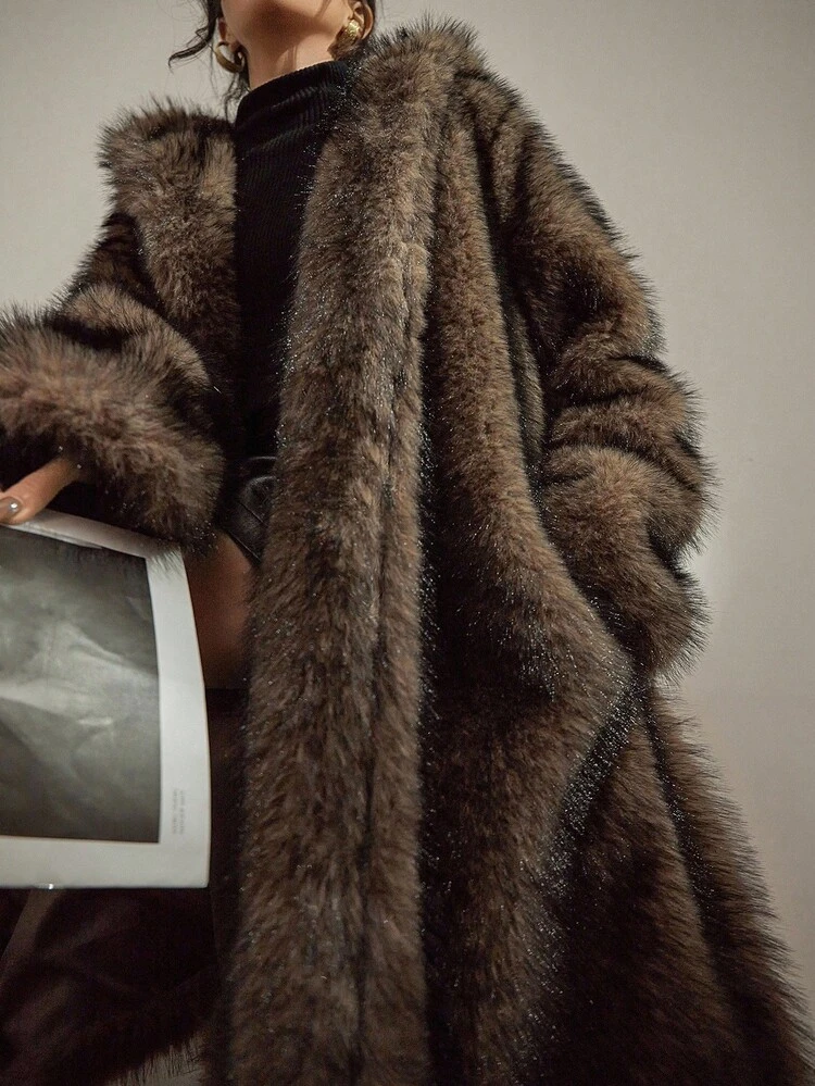 Women's Hooded Long Faux Fur Coat, Autumn/Winter