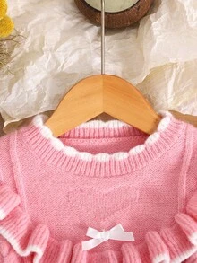 SHEIN 女孩新款心形蝴蝶结灯笼袖圆领毛衣，适合居家、外出、聚会、返校 - 粉色 - 查看 3