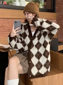 DAZY Women's Loose Casual Plaid & Diamond Pattern Color Block Long Cardigan, Suitable For Autumn & Winter