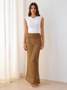 SHEIN Tall Váy len dáng đuôi cá ôm sát, màu trơn cổ điển, phong cách thường ngày và thời trang, thích hợp cho mùa xuân/hè/váy maxi/dự tiệc/đi biển. - màu nâu - Xem 7