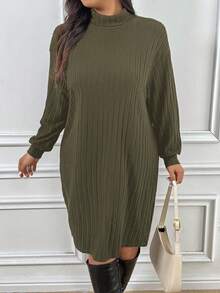 SHEIN Frenchy Vestido casual de talla grande de unicolor con cuello mao - Verde Oliva - Ver 5