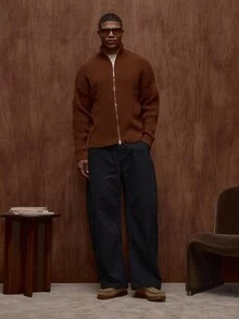 Musero Cárdigan de punto con cuello alto, manga larga, detalles de manga con estampado y cremallera, para otoño/primavera-verano - Marrón - Ver 3