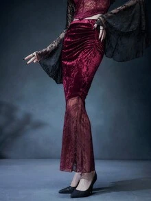 SHEIN Unity 优雅哥特式深色蕾丝拼接美人鱼下摆修身半身裙，适合秋冬女士 - 酒紅色 - 查看 4