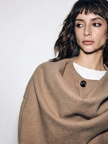 Lumivelle Women's Asymmetric Scarf Poncho Style Coat Jacket, Versatile For Autumn/Winter - Khaki - View 6