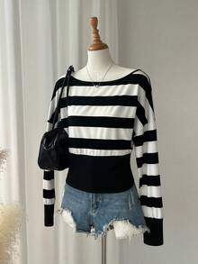 Comfortcana Women's Striped Round Neck Drop Shoulder Long Sleeve Casual Waist Fitted T-Shirt - Black - View 1