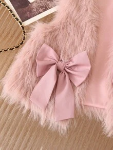 SHEIN Babygirl Fluffy Cardigan & Pleated Skirt 2-Piece Set, Cute & Versatile For Autumn/Winter Toddler Girl Pink Dress Baby Girl Faux Fur Vest 2 Piece Baby Girl Outfit Baby Girl Clothes Winter Toddler Girl Winter Outfit Fall - Pink - View 7