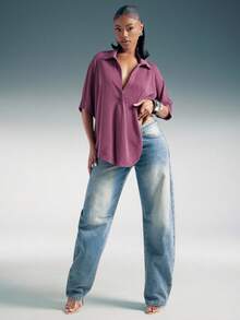 Denimoi 深 V 领超大短袖 T 恤 - 紫色 - 查看 2