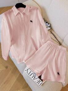 INAWLY Plus Size Embroidered Logo Shorts & Solid Color Long Sleeve Shirt 2 Pieces Set