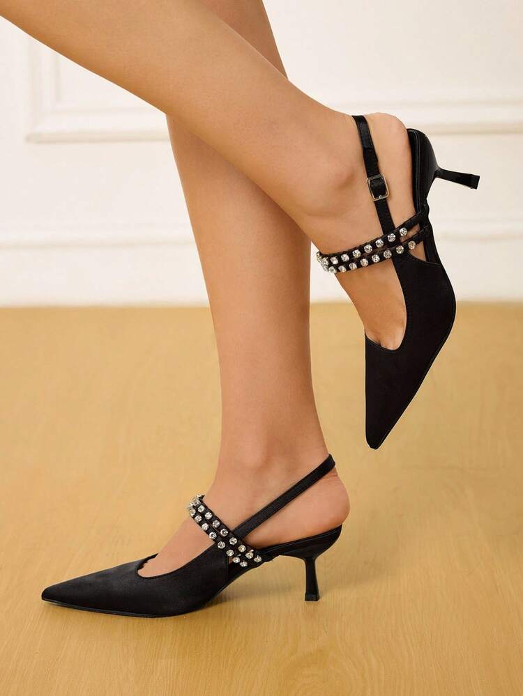 CUCCOO HITCHD Women's Pointed Toe Rhinestone Embellished Stiletto Heel Elegant Glamorous Romantic Sexy Fashion Gothic Black Satin High Heel Sandals, Suitable For Formal Occasions, Weddings, Parties, Halloween, Christmas, Thanksgiving, Valentine's Day