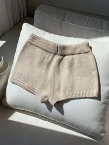 Comfortcana 高腰松紧带休闲百搭纯色针织短裤，秋季 - 杏色 - 查看 2