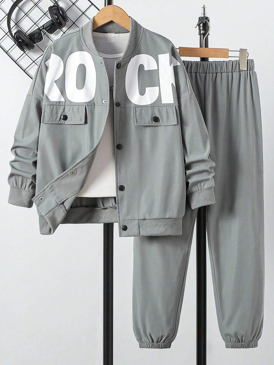 SHEIN 2pcs Tween Boy Letter Print Utility Jacket And Pants Set, Front Button Closure, Casual Grey Fall Winter - Grey - View 1