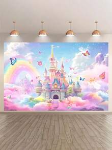 SHEIN 1 Fundal floral de primăvară – Design fluture și castel, fibră de poliester durabilă, ideal pentru evenimente de duș pentru adolescenți și recuzită pentru cabină foto, recuzită pentru studio foto - Multicolor - Vizualizare 2