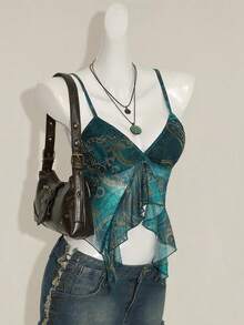 SHEIN ICON Women's Millennial Y2K Sexy Bohemian Retro Teal Paisley Print Asymmetrical Hem Ruffled V-Neck Slim Fit Camisole - Black - View 6