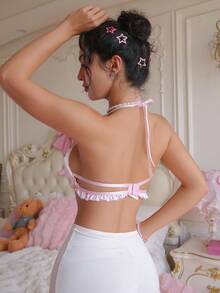 PetitDoll Lencería de mujer con estampado de melocotón, con tirantes de espagueti y volantes en el cuello halter - Rosa - Ver 2
