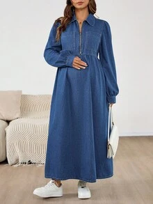 SHEIN Maternity Fashion Zip-Up Long Denim Dress Denim Midi Dress With Zipper Front Long Sleeves And Collar Comfortable Fit For Everyday Wear Christmas Maternity Dress Cute Mom Style Versatile Minimalist 2025 Autumn/Winter New Arrival Maternity Dress Pick Winter Christmas New Year Thanksgiving Commuting Vacation Graduation Chic Y2k Cute Streetwear Wedding Elegant Business Casual Woman - Blue - View 4