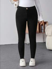 SHEIN Pantalones vaqueros de maternidad de unicolor, de bolsillo, de moda casual, cómodos, de cintura alta de color negro con forro térmico, de ajuste ceñido, para otoño, invierno, Halloween, Navidad, Año Nuevo, Acción de Gracias, con estiramiento, para fiestas, trabajo, vacaciones, estilo Y2K, lindos, para calle, tecnológicos, cumpleaños, gimnasio, aeropuerto - Azul - Ver 4