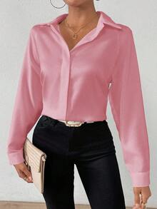 SHEIN PETITE Women's Solid Color Satin Simple Shirt With Asymmetric Hem - Pink - View 3