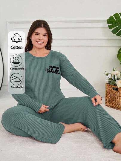 EURMUSE 100%Cotton 2Pcs Plus Cotton Slogan Printed Long Sleeve Shirt And Long Bottom PJ Set 2 Piece Pajama Set Women Womens Pajama Sets Lounge Wear Women Set Pajama Sets For Women Pj Set For Woman