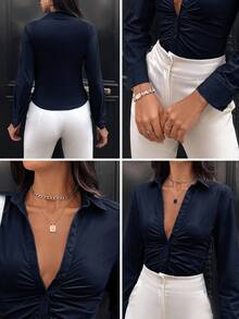 EURMUSE Cotton Solid Ruched Button Front Shirt - Navy Blue - View 7