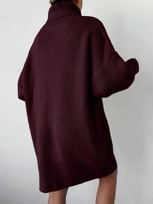 EURMUSE 女士简约纯色休闲宽松长袖高领毛衣裙 - 酒紅色 - 查看 2