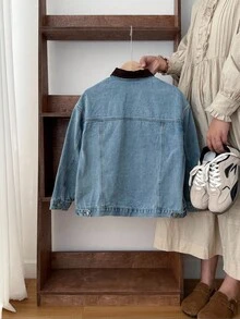 SHEIN Tween Boy Fashion Casual Y2k Vintage Cool Street Returns To School College Boy Streetwear Comfortable Old Money Style Blue Denim Patchwork With Dark Coffee Velvet Collar Loose Lapel Long-Sleeved Jacket For Kids Soft Dailywear And Kids Winter And Fall Rave Festival And At Home Streetwear School Kids Blue Jean Jacket - Blue - View 3