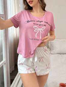 Bow & Letter Print Short Sleeve Shorts Pajama Set - Multicolor - View 3
