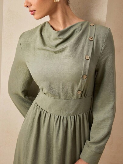 Graceveil Autumn/Winter Casual Loose Draped Neck Waist Decorated Button Dress For Women