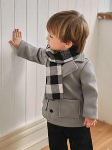 Souflis Souflis 2025 Autumn/Winter New French Retro College Style Grey Woolen Coat Paired With Classic Plaid Scarf, Suitable For School, Outing, Party And Other Occasions, Men & Kids Woolen Coat Baby Boy Coats Baby Boy Winter Coats Baby Boy Coats Fall