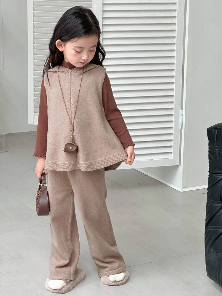 2pcs Young Girl Girls Hooded Sweater Vest + Fleece Pants Set, Autumn