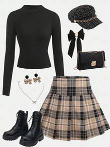 SHEIN 青少年女孩黑色罗纹针织长袖短款 T 恤和卡其色格子百褶裙两件套服装，休闲优雅风格，返校季 - 黑色 - 查看 2