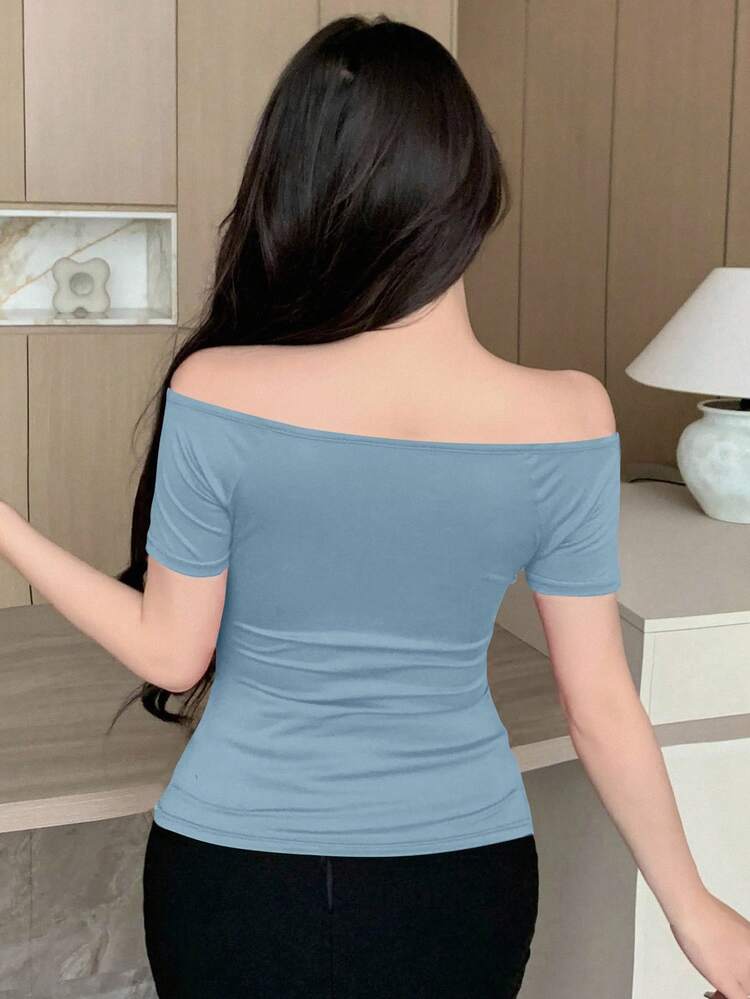 Casual Versatile Solid Color Wrap Short Sleeve T-Shirt, Blue Top