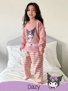 DAZY HELLO KITTY AND FRIENDS | SHEIN 少女圆领针织长袖运动衫和条纹裤睡衣套装，秋季 - 粉色 - 查看 5