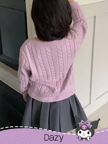 HELLO KITTY AND FRIENDS | SHEIN DAZY 年轻女孩休闲日常通勤和学校风格可爱卡通字母刺绣麻花针织纽扣开衫