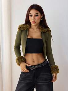 SHEIN PETITE Women's Autumn Patchwork Faux Shearling Collar Zip Front Cropped Slim Fit Lightweight Jacket Winter Tops Women Crop Top Jacket Fur Trim Top Women Crop Jacket Ribbed Crop Top - Army Green - View 9