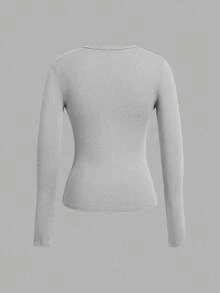 SHEIN EZwear Bộ 3 áo thun dài tay cổ chữ V sâu ôm vừa vặn cho nữ, phù hợp cho mùa thu/đông - Nhiều màu - Xem 3