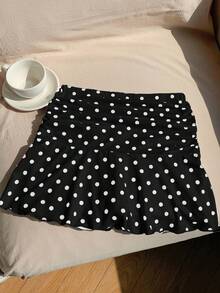 Comfortcana 女式波点褶皱A字迷你裙，夏季 - 黑色 - 查看 4