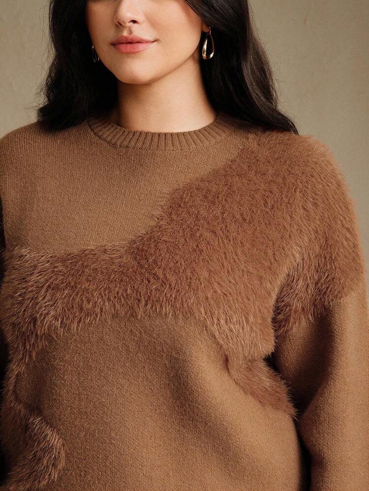 Fashionable Faux Mink Jacquard Loose Crew Neck Plus Size Slimming Drop Shoulder Plus Size Women's Brown Sweater, Women's Winter Sweater, Autumn Clothes For Women