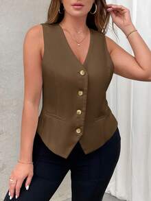CosyJoli Plus Size Commuting Vest Blazer For Summer In Fall/Winter - Brown - View 5