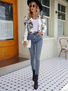 SHEIN Clasi Floral Print Gigot Sleeve Cropped Cardigan In Fall/Winter - White - View 3