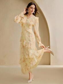 Anewsta Đầm Maxi in hoa thời trang cổ chữ V viền bèo nhún phong cách nghỉ mát dành cho nữ - Màu be - Xem 4