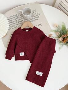 SHEIN Babygirl 休闲针织卡其色长袖上衣和松紧腰裤两件套，秋冬