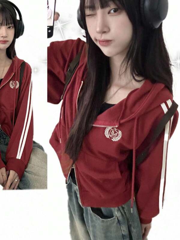 DAZY Sudadera holgada y casual con estampado para mujer, chaqueta con cremallera de estilo universitario