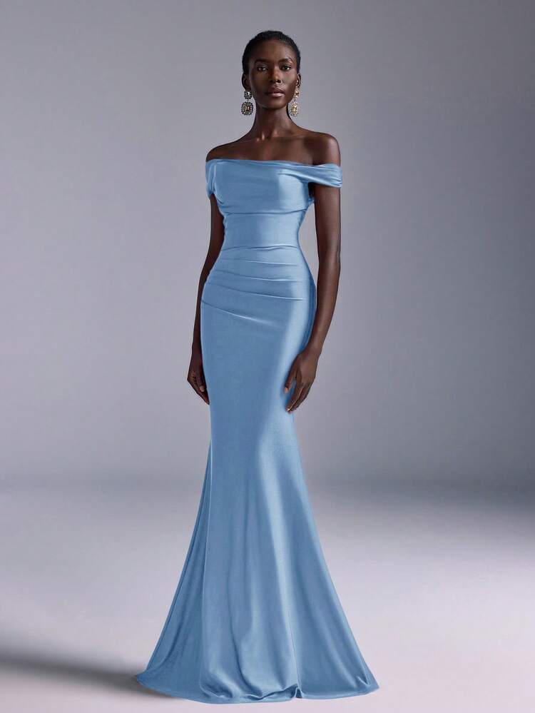 Elitara 优雅的褶皱露肩美人鱼连衣裙，适合婚礼、派对、度假、舞会、伴娘（成人） - 霧霾藍 - 查看 6