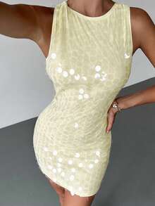 Firerie 女式性感露背无袖紧身迷你连衣裙，奶油黄色亮片刺绣，适合度假、音乐节、派对、返校季 - 黃色 - 查看 10