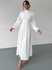 Firerie 女士优雅白色系带立领荷叶边灯笼袖 A 字中长连衣裙，适合工作、办公室、度假和浪漫场合，春夏秋季，白色毕业礼服，复古连衣裙 - 白色 - 查看 4
