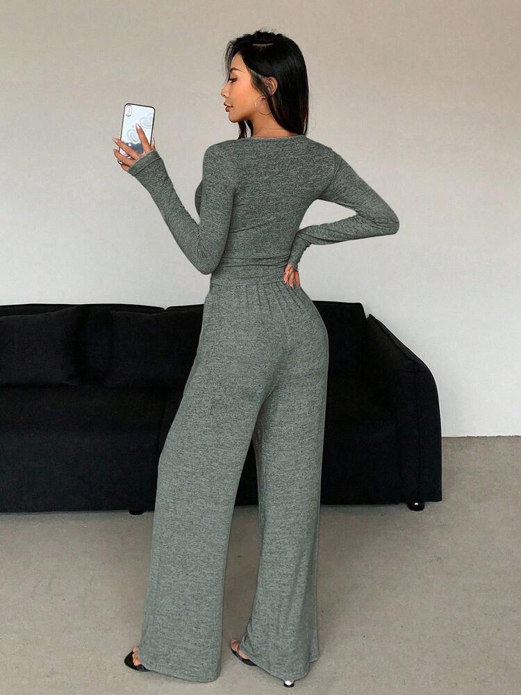 DAZY 2 Pieces Solid Color Half-Zip Front Pants Suit Set For Women