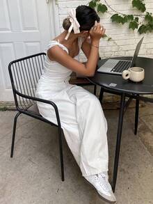 Livesso 女士纯色宽松哈伦牛仔裤，长款女式牛仔裤 - 白色 - 查看 6